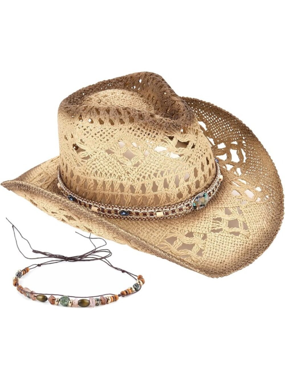 Men's Beige-d Pull-On Straw Two Decorative Band Cowboy Cowgirl Hat
